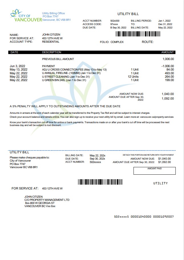 Canada British Columbia City of Vancouver utility bill template in Word and PDF format